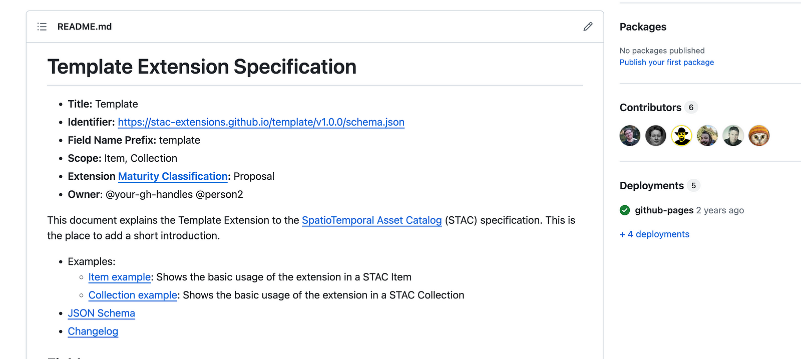 Screenshot of the STAC template extension specification on GitHub